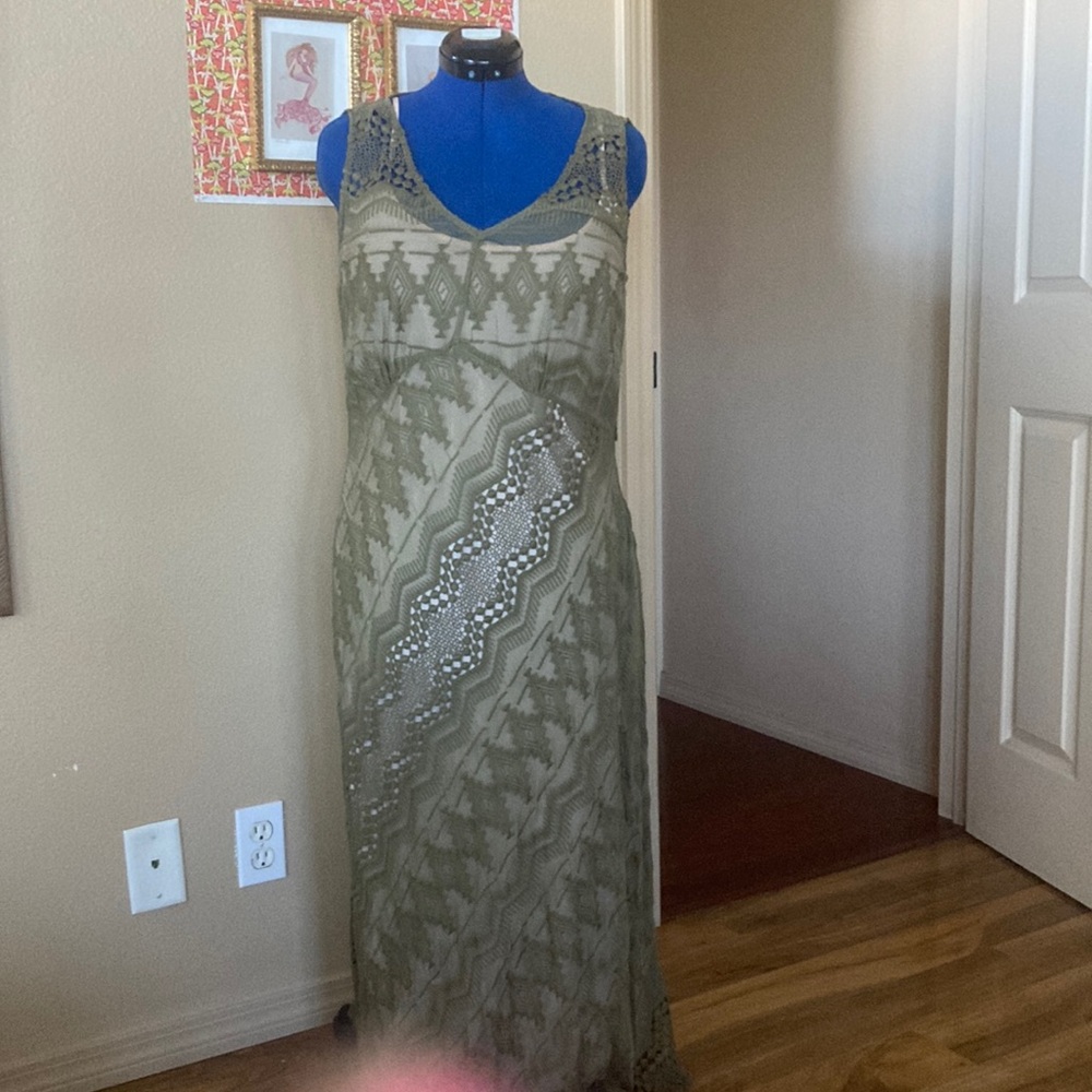 Sundance Sleeveless V-Neck Green Tan Maxi Sundress